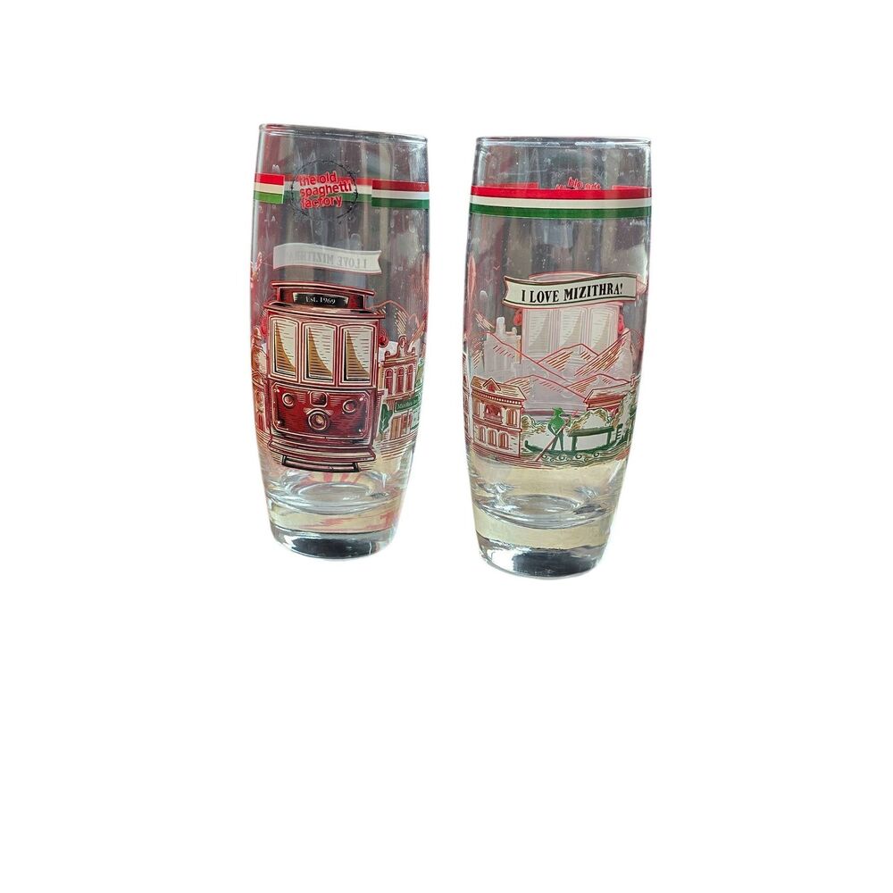 2pc Set Pair Old Spaghetti Factory I Love Mizithra Drinking Glasses